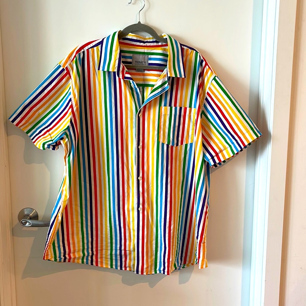XXL Mens Short Sleeve Rainbow Stripe Button Down